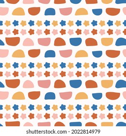 Abstract playful color style cut out shape pattern. Seamless modern simple lino cut style design for retro kids all over print. Trendy geometric home decor, kid fashion, wallpaper in vector repeat. 