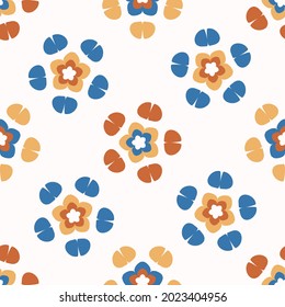 Abstract playful color style cut out shape pattern. Seamless modern simple lino cut style design for retro kids all over print. Trendy geometric home decor, kid fashion, wallpaper in vector repeat. 