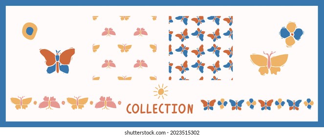 Abstract playful color style cut out butterfly shape collection. Seamless modern simple lino cut style design for retro kids all over print. Trendy home decor, kid fashion, wallpaper in vector repeat.