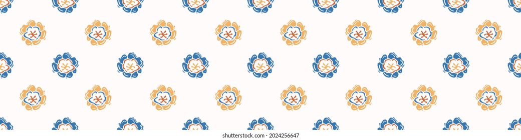 Abstract playful color style cut out flower border. Seamless modern scandi lino cut style edging for retro kids trim. Trendy whimsical kid floral stationery header. Repeatable vector stripe.