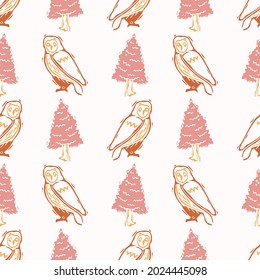 Abstract playful color style cut out owl shape pattern. Seamless modern simple lino cut style design for retro kids all over print. Trendy home decor, kid fashion, wallpaper in vector repeat. 