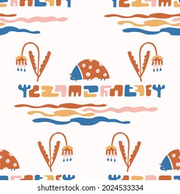 Abstract playful color style cut out shape pattern. Seamless modern simple lino cut style design for retro kids all over print. Trendy geometric home decor, kid fashion, wallpaper in vector repeat. 