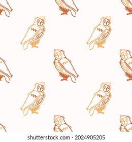 Abstract playful color style cut out owl shape pattern. Seamless modern simple lino cut style design for retro kids all over print. Trendy home decor, kid fashion, wallpaper in vector repeat. 