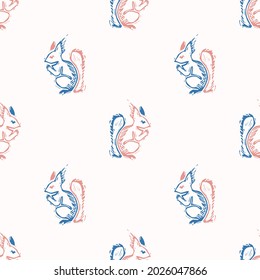 Abstract playful color style cut out squirrel shape pattern. Seamless modern simple lino cut style design for retro kids all over print. Trendy home decor, kid fashion, wallpaper in vector repeat.