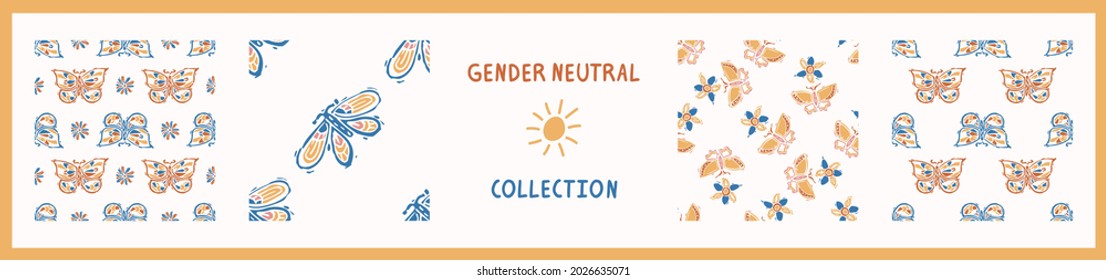 Abstract playful color style cut out butterfly shape collection. Seamless modern simple lino cut style design for retro kids all over print. Trendy home decor, kid fashion, wallpaper in vector repeat.