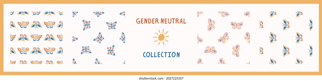 Abstract playful color style cut out butterfly shape collection. Seamless modern simple lino cut style design for retro kids all over print. Trendy home decor, kid fashion, wallpaper in vector repeat.