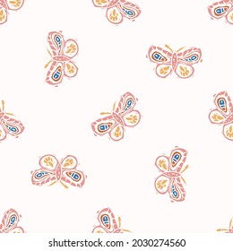 Abstract playful color style cut out butterfly shape pattern. Seamless modern simple lino cut style design for retro kids all over print. Trendy home decor, kid fashion, wallpaper in vector repeat.