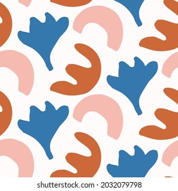 Abstract playful color style cut out shape pattern. Seamless modern simple lino cut style design for retro kids all over print. Trendy geometric home decor, kid fashion, wallpaper in vector repeat. 