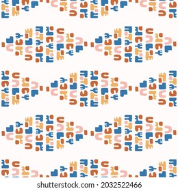 Abstract playful color style cut out shape pattern. Seamless modern simple lino cut style design for retro kids all over print. Trendy geometric home decor, kid fashion, wallpaper in vector repeat. 