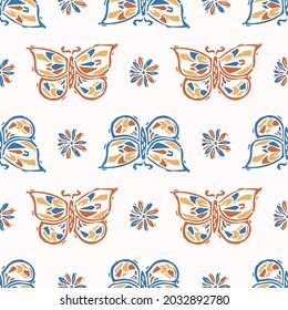 Abstract playful color style cut out butterfly shape pattern. Seamless modern simple lino cut style design for retro kids all over print. Trendy home decor, kid fashion, wallpaper in vector repeat.