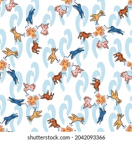 Abstract playful exotic humming bird shape pattern. Seamless modern simple collage style design for retro kids all over print. Trendy home decor, kid fashion, wallpaper in vector repeat.
