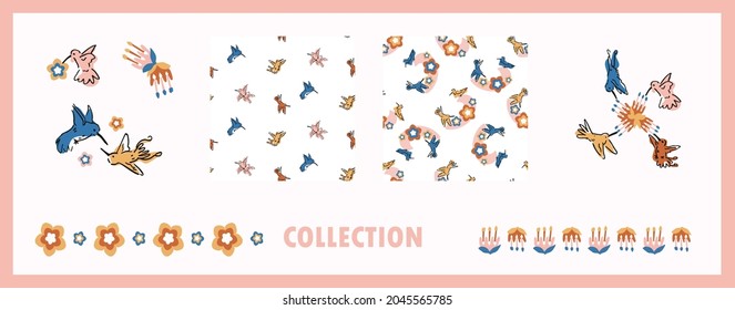 Abstract playful exotic humming bird shape collection. Seamless modern simple collage style design for retro kids all over print. Trendy home decor, kid fashion, wallpaper in vector repeat.