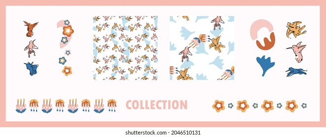 Abstract playful exotic humming bird shape collection. Seamless modern simple collage style design for retro kids all over print. Trendy home decor, kid fashion, wallpaper in vector repeat.