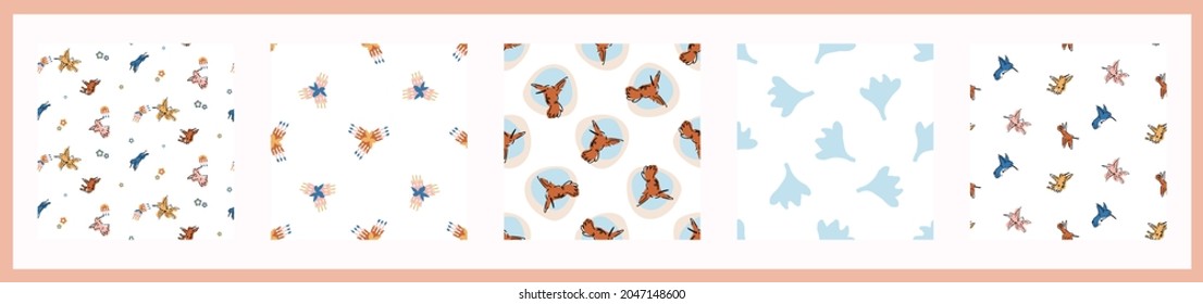 Abstract playful exotic humming bird shape collection. Seamless modern simple collage style design for retro kids all over print. Trendy home decor, kid fashion, wallpaper in vector repeat.