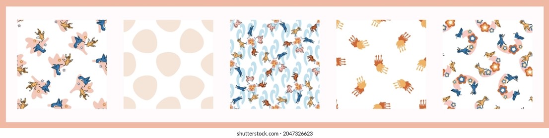 Abstract playful exotic humming bird shape collection. Seamless modern simple collage style design for retro kids all over print. Trendy home decor, kid fashion, wallpaper in vector repeat.
