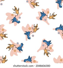 Abstract playful exotic humming bird shape pattern. Seamless modern simple collage style design for retro kids all over print. Trendy home decor, kid fashion, wallpaper in vector repeat.