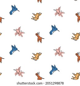 Abstract playful exotic humming bird shape pattern. Seamless modern simple collage style design for retro kids all over print. Trendy home decor, kid fashion, wallpaper in vector repeat.
