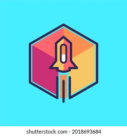 Resumen, reproducción, tecnología de cubo de cohete 3D plano, identidad de logotipo digital
