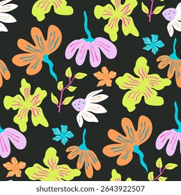 Abstract playful floral pattern, Hand drawn stylized flower seamless design for fabric, digital paper