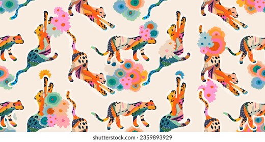 Abstract playful flowers print with leopards. Collage contemporary seamless pattern. Hand drawn unique print.