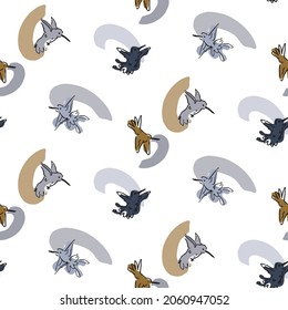 Abstract playful masculine humming bird shape pattern. Seamless modern simple collage style design for retro kids all over print. Trendy home decor, kid fashion, wallpaper in vector repeat.