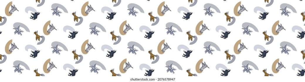 Abstract playful masculine humming bird border. Seamless modern simple collage style design for retro kids edging. Trendy home decor, kid fashion, wallpaper in vector repeat.