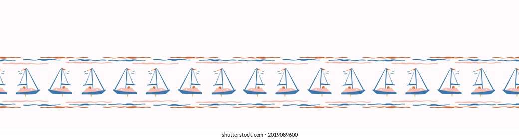 Abstract playful matisse style cut out boat pattern. Seamless modern simple collage style design for retro kids all over print. Trendy geometric home decor, kid fashion, wallpaper in vector repeat.