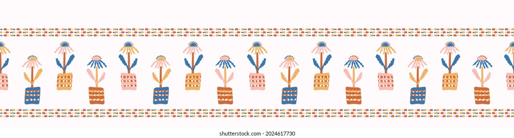 Abstract playful matisse style cut out flower border. Seamless modern scandi collage style edging for retro kids trim. Trendy whimsical kid floral stationery header. Repeatable vector stripe.