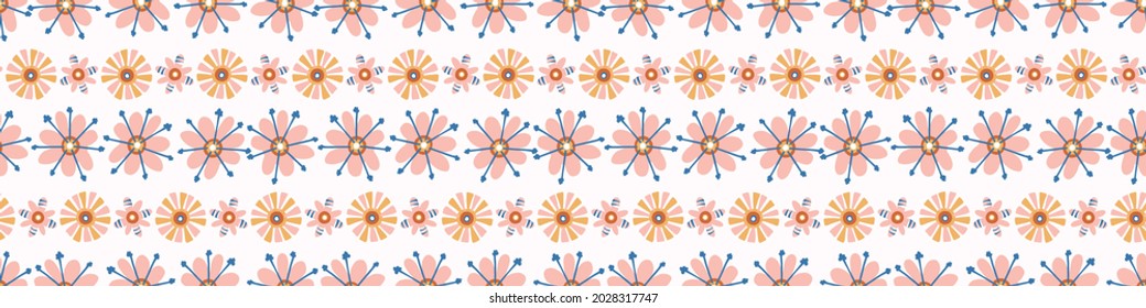 Abstract playful matisse style cut out flower border. Seamless modern scandi collage style edging for retro kids trim. Trendy whimsical kid floral stationery header. Repeatable vector stripe.