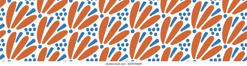 Abstract playful matisse style cut out flower border. Seamless modern scandi collage style edging for retro kids trim. Trendy whimsical kid floral stationery header. Repeatable vector stripe.