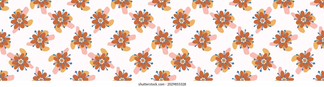 Abstract playful matisse style cut out flower border. Seamless modern scandi collage style edging for retro kids trim. Trendy whimsical kid floral stationery header. Repeatable vector stripe.