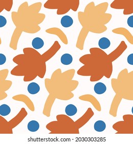 Abstract playful matisse style cut out flower shape pattern. Seamless modern floral collage style design for retro kids all over print. Trendy home decor, kid fashion, wallpaper in vector repeat.