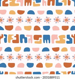 Abstract playful matisse style cut out shape pattern. Seamless modern simple collage style design for retro kids all over print. Trendy geometric home decor, kid fashion, wallpaper in vector repeat.