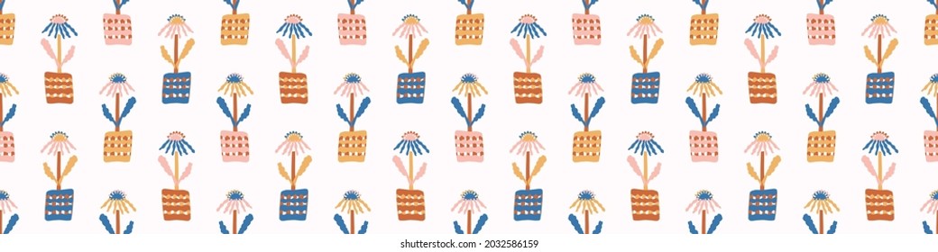 Abstract playful matisse style cut out flower border. Seamless modern scandi collage style edging for retro kids trim. Trendy whimsical kid floral stationery header. Repeatable vector stripe.