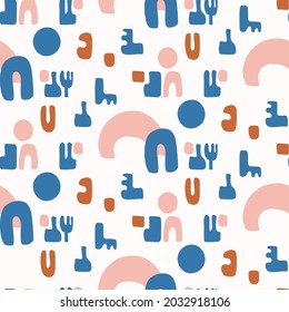 Abstract playful matisse style cut out shape pattern. Seamless modern simple collage style design for retro kids all over print. Trendy geometric home decor, kid fashion, wallpaper in vector repeat.