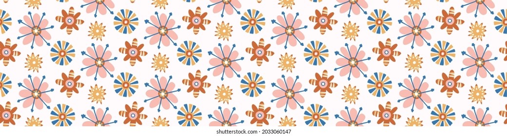 Abstract playful matisse style cut out flower border. Seamless modern scandi collage style edging for retro kids trim. Trendy whimsical kid floral stationery header. Repeatable vector stripe.