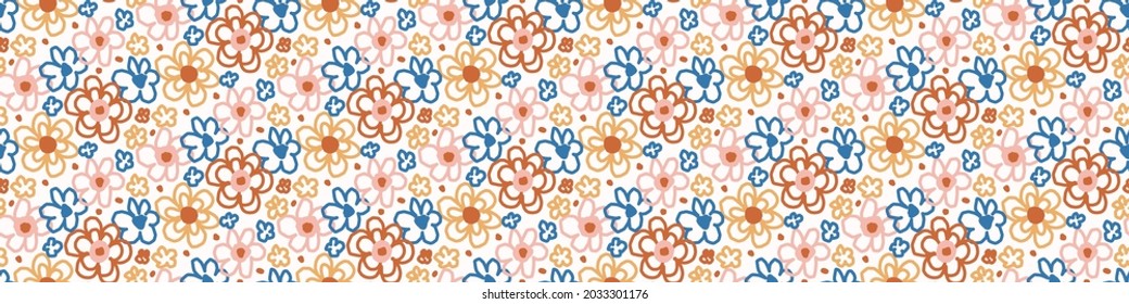 Abstract playful matisse style cut out flower border. Seamless modern scandi collage style edging for retro kids trim. Trendy whimsical kid floral stationery header. Repeatable vector stripe.