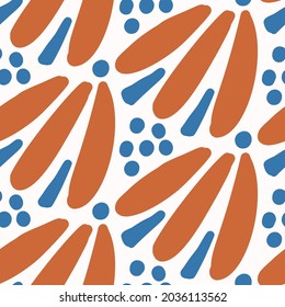 Abstract playful matisse style cut out flower shape pattern. Seamless modern floral collage style design for retro kids all over print. Trendy home decor, kid fashion, wallpaper in vector repeat.