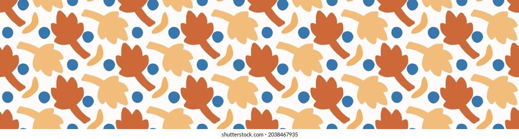 Abstract playful matisse style cut out flower border. Seamless modern scandi collage style edging for retro kids trim. Trendy whimsical kid floral stationery header. Repeatable vector stripe.