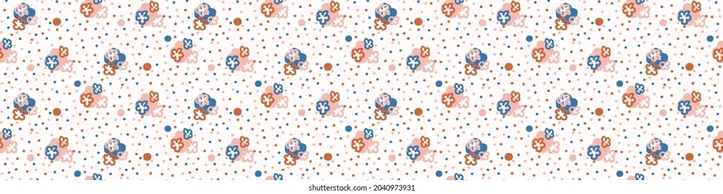 Abstract playful matisse style cut out flower border. Seamless modern scandi collage style edging for retro kids trim. Trendy whimsical kid floral stationery header. Repeatable vector stripe.