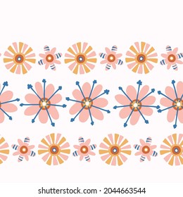 Abstract playful matisse style cut out flower border. Seamless modern scandi collage style edging for retro kids trim. Trendy whimsical kid floral stationery header. Repeatable vector stripe.