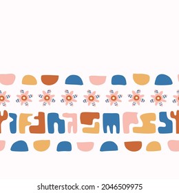 Abstract playful matisse style cut out flower border. Seamless modern scandi collage style edging for retro kids trim. Trendy whimsical kid floral stationery header. Repeatable vector stripe.