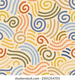 Abstract and playful pattern with swirling, curved lines and spirals. Mid-century modern or retro design in blue, yellow, green, and orange.