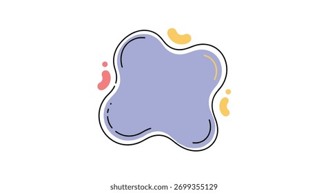 Uma forma de bolha roxa abstrata e divertida com um contorno preto e elementos de ênfase coloridos, ideal para um plano de fundo de design moderno ou caixa de texto.