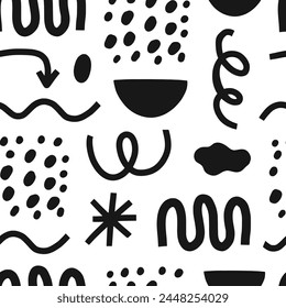 Abstract playful shapes seamless pattern. Contemporary forms, curls, arrows, spots in trendy groovy cartoon style. Flat vector illustration.