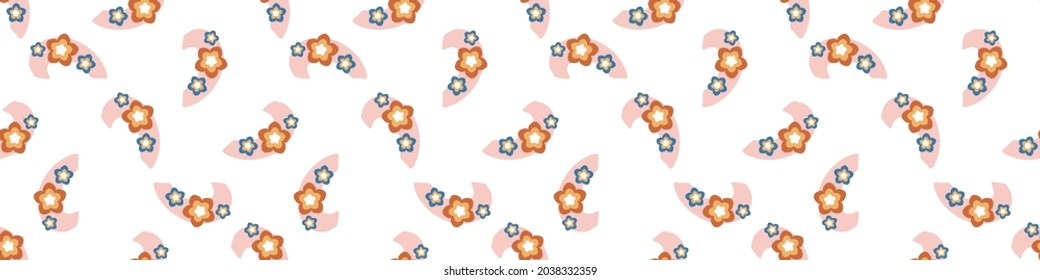 Abstract playful style cut out flower border. Seamless modern scandi collage style edging for retro kids trim. Trendy whimsical kid floral stationery header. Repeatable vector stripe.