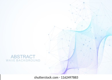 Abstract plexus background with connected lines and dots. Wave flow. Plexus geometric effect Big data with compounds. Lines plexus, minimal array. Digital data visualization. Vector illustration.