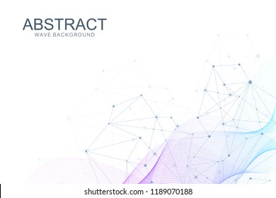 Abstract plexus background with connected lines and dots. Wave flow. Plexus geometric effect Big data with compounds. Lines plexus, minimal array. Digital data visualization. Vector illustration.