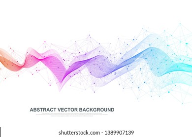 Abstract plexus background with connected lines and dots. Wave flow. Plexus geometric effect Big data with compounds. Lines plexus, minimal array. Digital data visualization. Vector illustration.