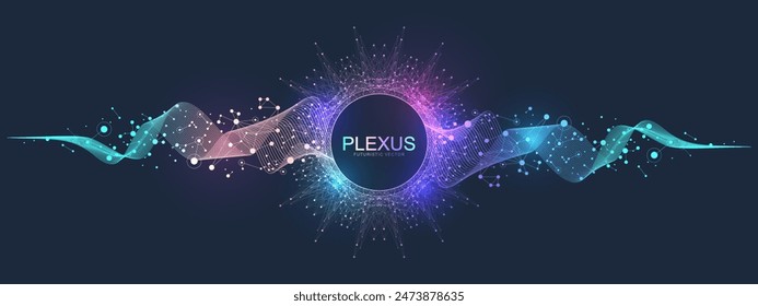 Abstract plexus background with connected lines and dots. Quantum computer technology. Deep learning artificial intelligence. Big data visualization. Ideas Design Element For Internet Technology.